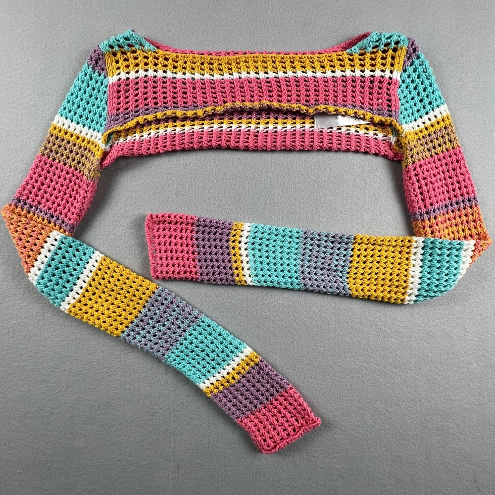 Urban Outfitters Shrug Womens Small Crochet Striped‎ Boho Festival Layer Rainbow